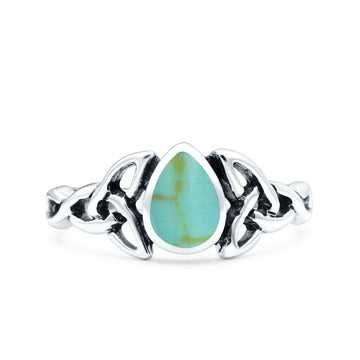 Celtic Pear Simulated Turquoise Ring Solid Oxidized 925 Sterling Silver